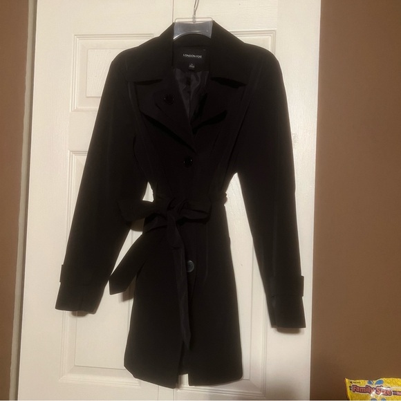 London Fog Long Black Wrap Coat Button down waist tie trench size large - Picture 2 of 11